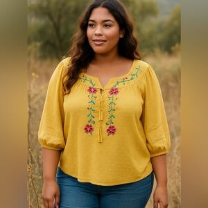 SHEIN Curve 4XL Mustard Yellow Embroidered Peasant Blouse Swiss Dot Boho Top‎